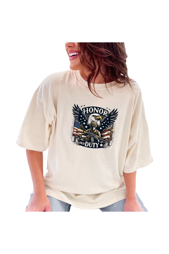 Patriotic Military T-Shirt, Honor and Duty Graphic Tee, Eagle and Soldier Design, American Flag Shirt, Army Pride Clothing, Ivory Comfort Colors T-Shirt, XL