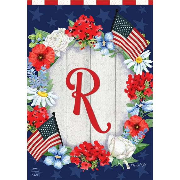 Patriotic Monogram Letter R Garden Flag Floral Wreath Briarwood Lane 12.5" x 18"