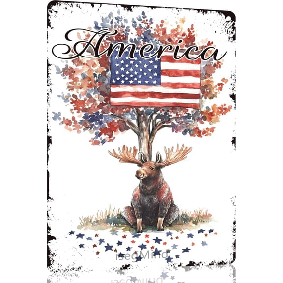 Patriotic Moose American Printed 4th July Tin Sign 12 x 8 Inch Vintage Wall Decor