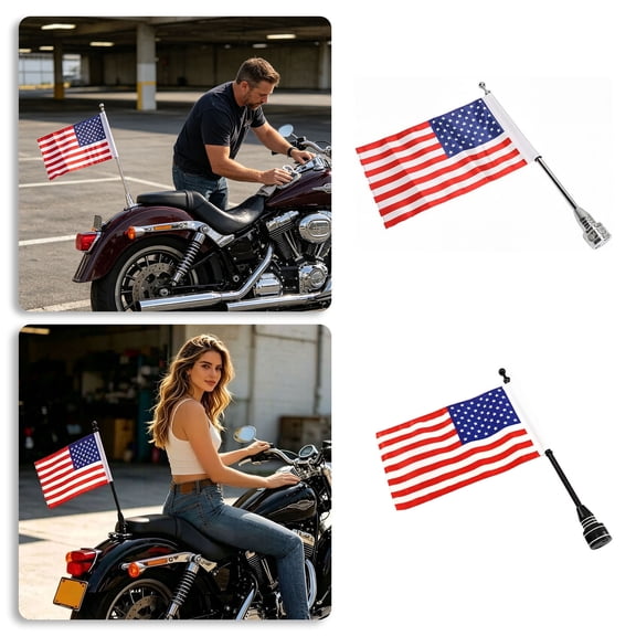 Patriotic Motorcycle Flag Pole Kit 15.4" Polyester Fabric Rear Mount Bracket for Touring Bike Weatherproof Motorbike Decor for 4th of July Independence Day & Rider Holiday Gift