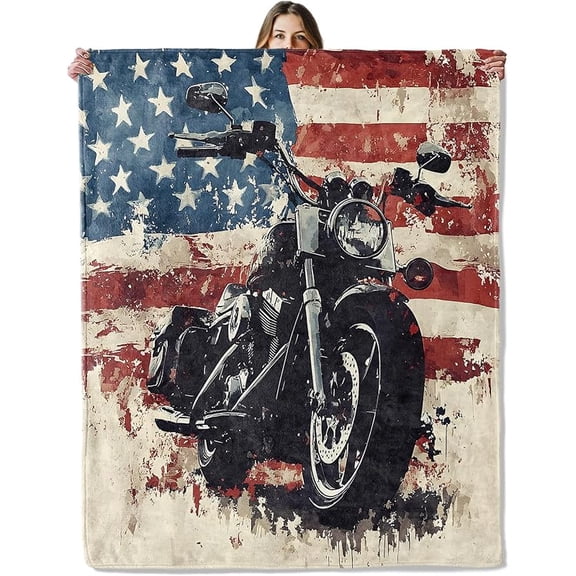 Patriotic Motorcycle Throw Blanket for Girls Boys Kids Adults, 40x50 in, Cozy Flannel Blanket for Bedroom, Camping, Couch, Room Decor, Fuzzy Warm Soft Gifts