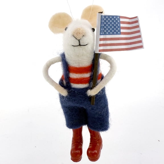 Patriotic Mouse Ornament - Wool White Mouse Holding USA Flag Christmas Tree Holiday Decoration