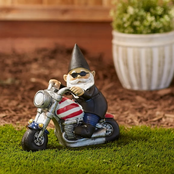 Patriotic Multicolor Garden Decorative Resin Biker Gnome Solar Statue - NEW!!