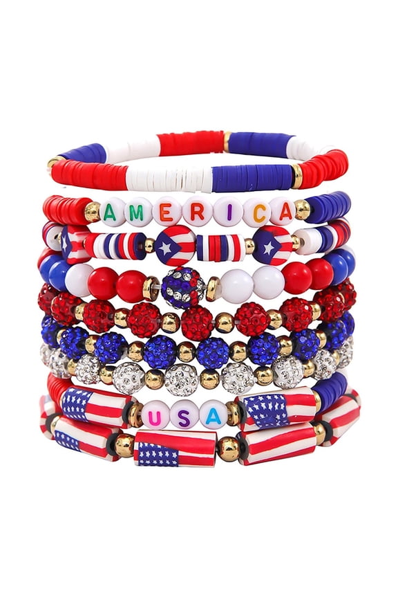 Patriotic Multilayer Beaded Wrap Bracelet Artisan Heishi Polymer Clay Jewelry Red White Blue American Flag Theme for 4th of July Independence Day