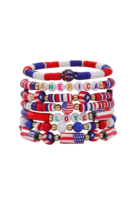Patriotic Multilayer Beaded Wrap Bracelet Artisan Heishi Polymer Clay Jewelry Red White Blue American Flag Theme for 4th of July Independence Day