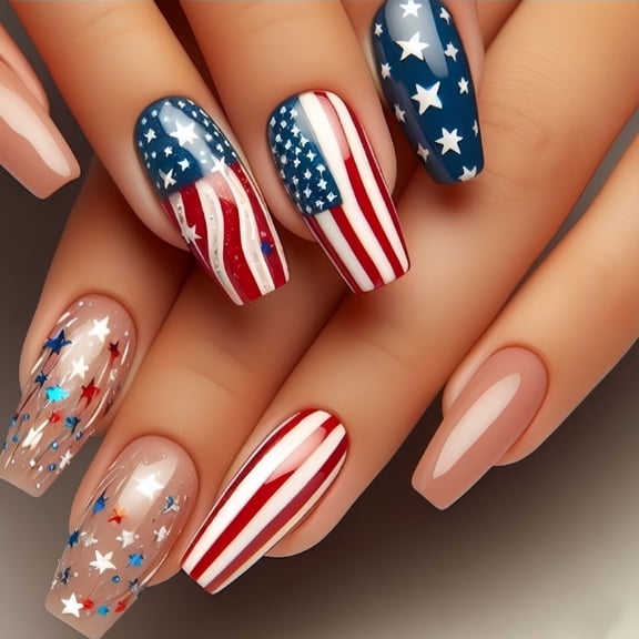 Patriotic Nails American Flag 4th of July Press On False Nails Independence Day Medium Square Design 24Pcs Glossy Stick on Nails Easy to Apply Reusable Fake Nails for Holiday Decor
