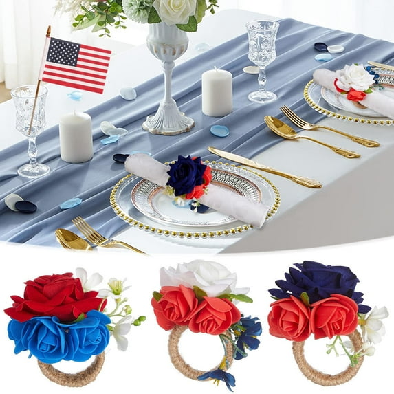 Patriotic Napkin Rings for Independence Day - Red White Blue Table Decorations, Fourth of July Party Supplies, Reusable Elegant Banquet Decor, American Design, Set of 12