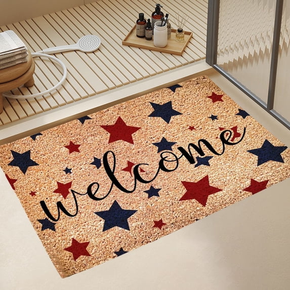 Patriotic Natural Coir Door Mat 4th of July Red Blue Star Welcome Mat Non-Slip Independence Day Entrance Door Rugs for Indoor Outdoor Home Bathroom Decor, 15.75 x 23.6 Inch