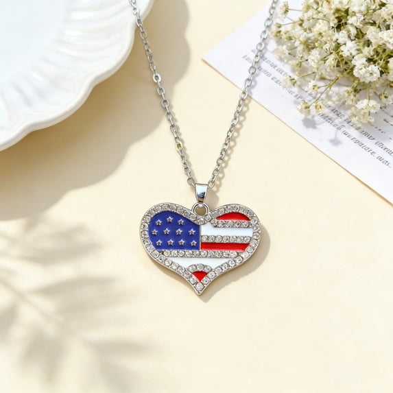 Patriotic Necklace, Independence Day & 4th of July American Flag Rhinestone Pendant, Red White Blue Enamel Adjustable Chain Jewelry, 2.4 * 2.0 * 0.4 Inch