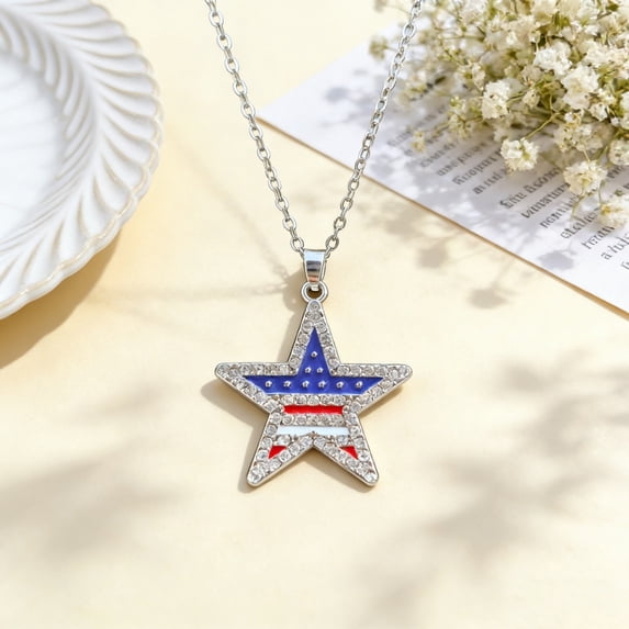 Patriotic Necklace, Independence Day & 4th of July American Flag Rhinestone Pendant, Red White Blue Enamel Adjustable Chain Jewelry, 2.4 * 2.0 * 0.4 Inch