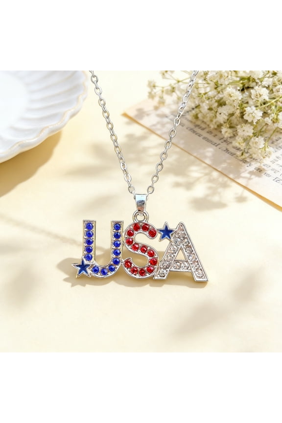 Patriotic Necklace, Independence Day & 4th of July American Flag Rhinestone Pendant, Red White Blue Enamel Adjustable Chain Jewelry, 2.4 * 2.0 * 0.4 Inch