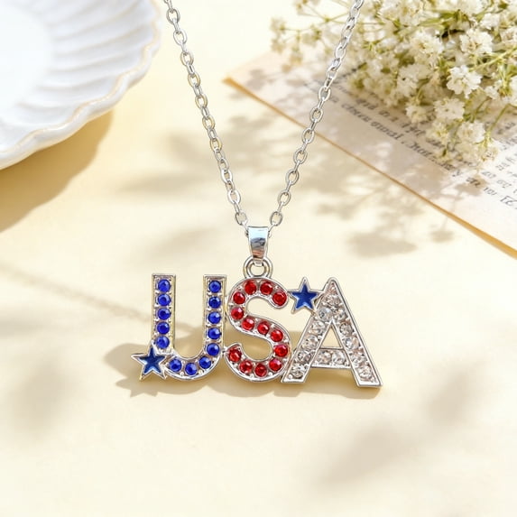 Patriotic Necklace, Independence Day & 4th of July American Flag Rhinestone Pendant, Red White Blue Enamel Adjustable Chain Jewelry, 2.4 * 2.0 * 0.4 Inch