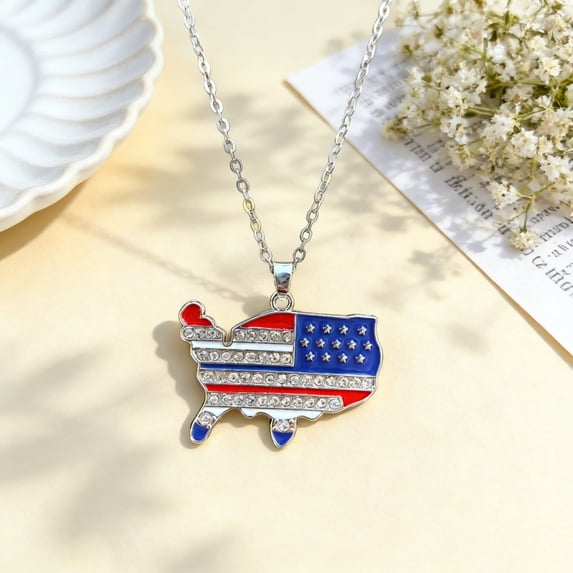 Patriotic Necklace, Independence Day & 4th of July American Flag Rhinestone Pendant, Red White Blue Enamel Adjustable Chain Jewelry, 2.4 * 2.0 * 0.4 Inch
