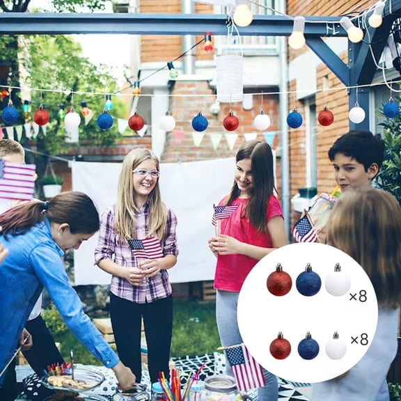 Patriotic Ornaments – Independence Day Decorations, USA Flag Red White Blue Glitter Balls, Plastic Hanging Spheres, multicolor, 24 pc, 4 cm and 6 cm
