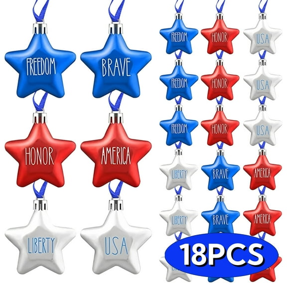 4th of July Ornaments Fourth of July Tree Decoration Patriotic Ornaments Plastic Stars Memorial Day Independence Day Veterans Day Red White Blue Decoration 18Pcs Design 1