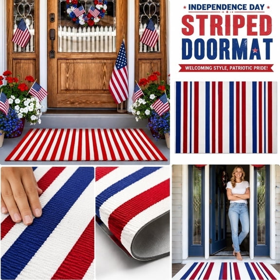 Patriotic Outdoor Mat Reversible Red White Blue Stripe for RV Camping Balcony Picnic 4th of July Independence Day Porch Rug Polyester