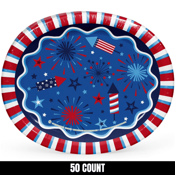 Patriotic Oval Paper Plates, 10" x 12", 50 Count Firework Pop Disposable Paper Plates Soak Proof Cut Resistant Microwave Safe Compostable 4th of July BBQ Party Plates Bulk Party Supplies