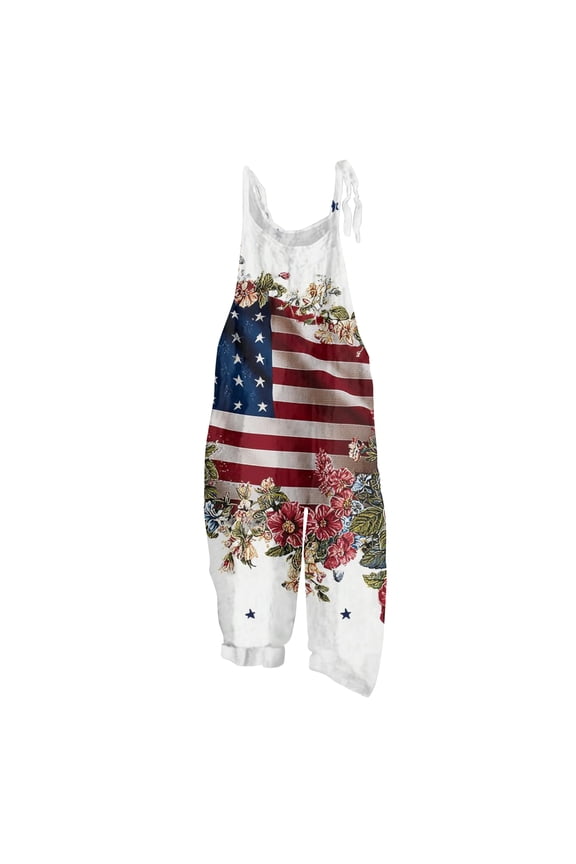 Patriotic Overalls Women American Flag Regular Pant Leg Length Backless Rompers Usa Flag Independence Day Summer Classic JumpsuitsS