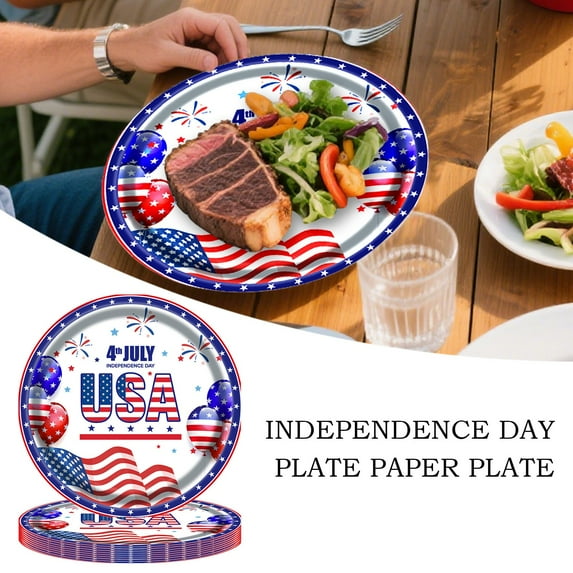 Patriotic Paper Plates 4th of July - 8.5 Inch Disposable Dinner Plates with USA Flag & Fireworks Designs, Eco-Friendly Party Supplies for BBQ Picnic Celebration Clearance