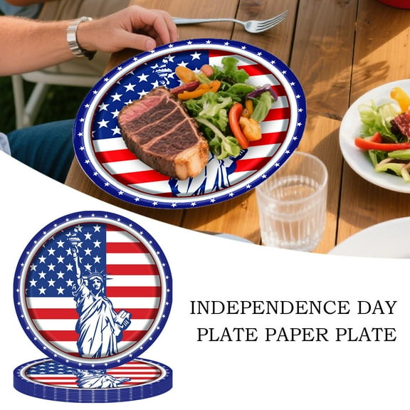 Patriotic Paper Plates 4th of July - 8.5 Inch Disposable Dinner Plates with USA Flag & Fireworks Designs, Eco-Friendly Party Supplies for BBQ Picnic Celebration Clearance