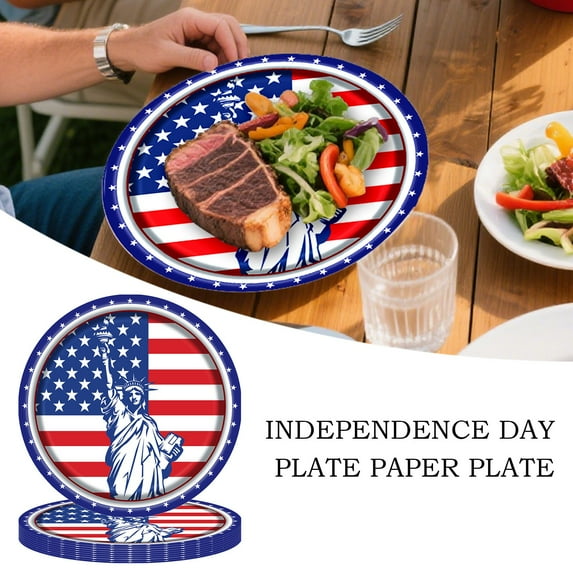 Patriotic Paper Plates 4th of July - 8.5 Inch Disposable Dinner Plates with USA Flag & Fireworks Designs, Eco-Friendly Party Supplies for BBQ Picnic Celebration Clearance