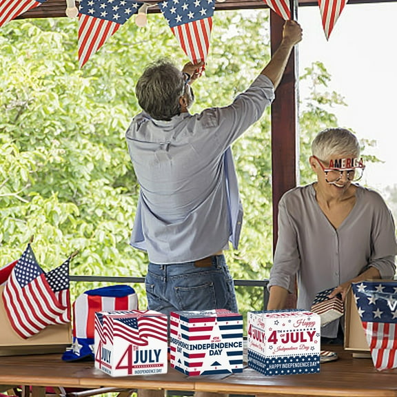 Patriotic Party Candy Box 2.75x2.75 in Independence Day Goodie Bag USA Flag Star Heart Treat Box with Window July 4th Memorial Day Recyclable Paper Gift Case for Snacks Small Gifts