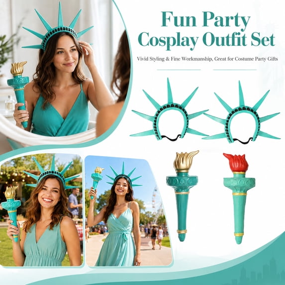 Holiday Party Accessory Set, 4Th of July Decorations, Dress Up, 4Th of July Party Favors, Gold Decorations, 1 Teal Statue Liberty Headband and 1 Gold Finished Prop for July 4Th