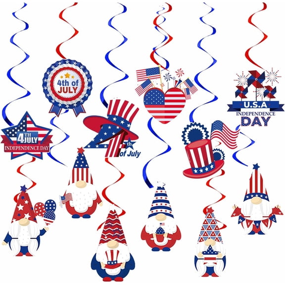 Patriotic Party Hanging Swirl Decorations, 24-Piece Independence Day Ceiling Streamers With American Flag And Star Cutouts, Red White And Blue, For July 4th Parties