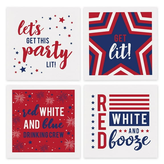 Patriotic Party Napkins / 48 Beverage Napkins / 4 American 4th Of July Designs / 4 3/4" x 4 3/4" Festive Red White And Blue 3 Ply Cocktail Napkin Set / Made In The USA