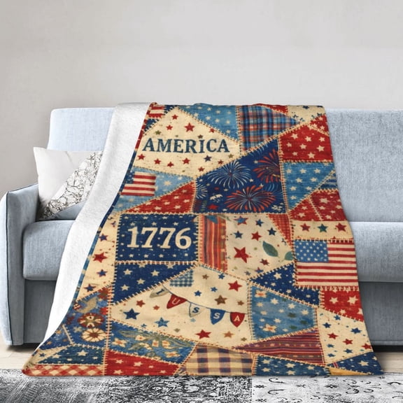 Patriotic Patchwork Blanket Gift Throw Blanket Cozy Soft Home Decor USA Flag Design Fourth of July Gift for Adults 50x40