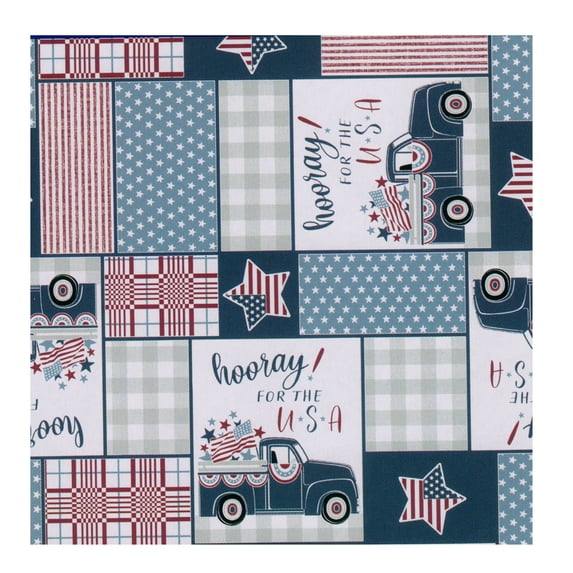 Patriotic Patchwork PEVA Vinyl Tablecloth Red, White, & Blue Happy 4th of July 52 x 90 Inches