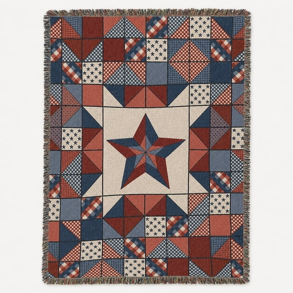 Patriotic Patchwork Star Red White and Blue Woven Blanket, 100% Cotton, Americana Geometric Home Accent