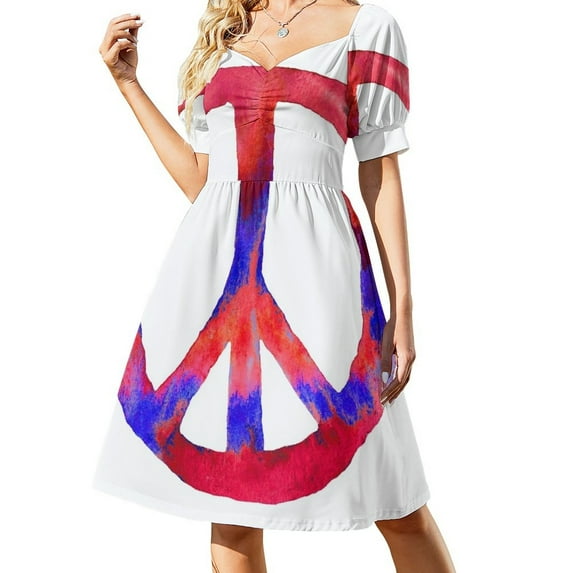 Patriotic Peace Sign Watercolor Tie Dye Red White Blue Sleeveless Dress Prom gown summer clothes