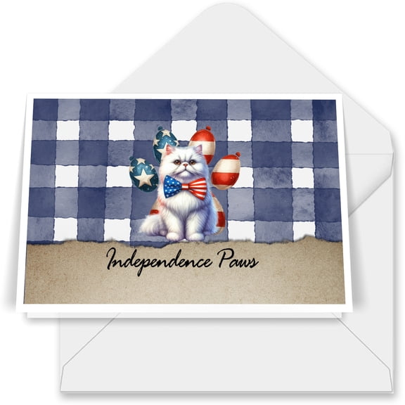 Patriotic Persian 4th of July Independence Paws 7x5in Folded Greeting Card Cat Lover Kitten Owner Gifts Single Note Card with Envelope - 02010