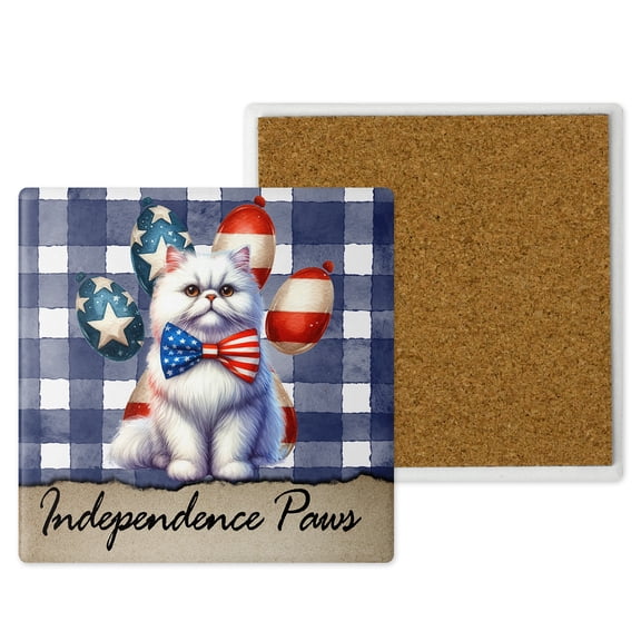 Patriotic Persian 4th of July Independence Paws Set of 4 Stone Coasters Cat Lover Kitten Owner Gifts 4x4in Absorbent Soapstone Coaster - 02010