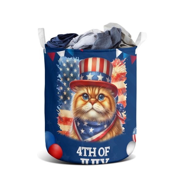 Patriotic Persian Celebrates 4th of July Foldable Laundry Basket Cat Lover Kitten Owner Gifts Organizer Storage with Handles - 02009