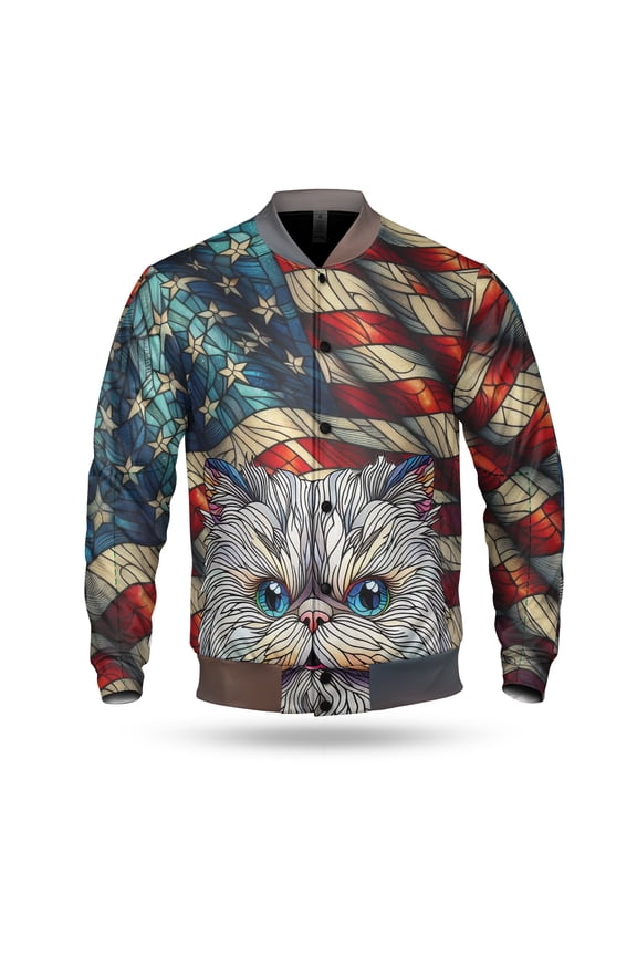 Patriotic Persian Stained Glass Portrait American Flag All Over Print 3D Baseball Jacket Cat Lover Kitten Owner Gifts Bomber Jacket Softball - 01010