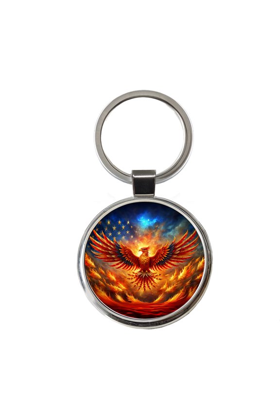 Patriotic Phoenix Rising American Flag Metal Round Keychain