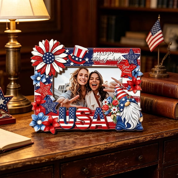 Patriotic Photo Frame for Independence Day, 5x3.5 Inch Red White Blue American Flag Picture Frame, Farmhouse Tabletop Desk Decor & Memorial Day Gift