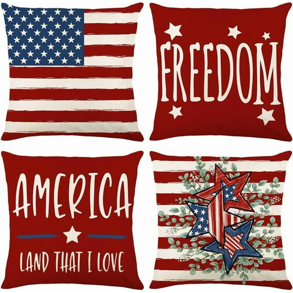 Patriotic Pillow Covers 4th of July Throw Pillow Covers 16x16 Set of 4 Independence Day American Star USA Flag Freedom Outdoor Decorative Pillow Case Memorial Day Home Sofa Porch Decor