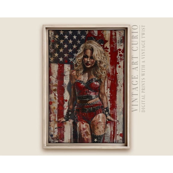 Patriotic Pin Up Girl Wall Art, American Flag Man Cave Decor, Vintage Retro Poster, Vintage Rustic Country UNFRAMED Poster, Wall Art for Decor, Present, 24x36