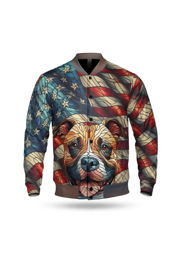 Patriotic Pitbull Stained Glass Portrait American Flag All Over Print 3D Baseball Jacket Terrier Dog Lover Bomber Jacket Softball - 01010