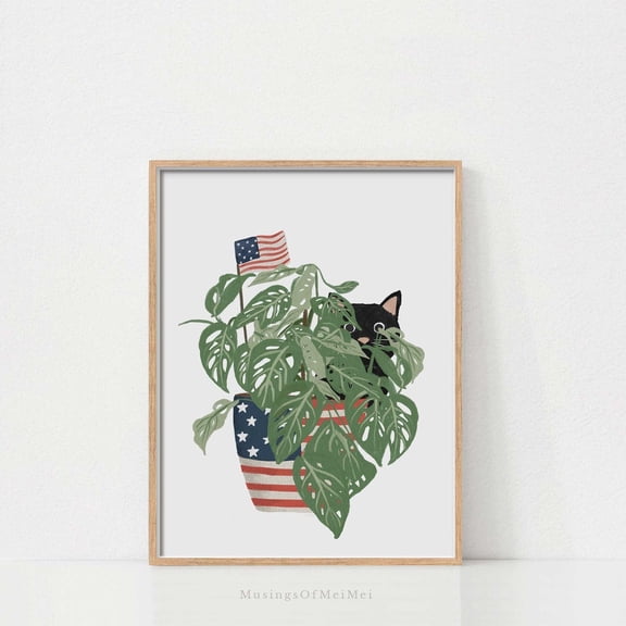 Patriotic Plant And Cat Wall Art 4Th Of July For Lovers Independence Day Poster, Unframed Canvas Size 16x24