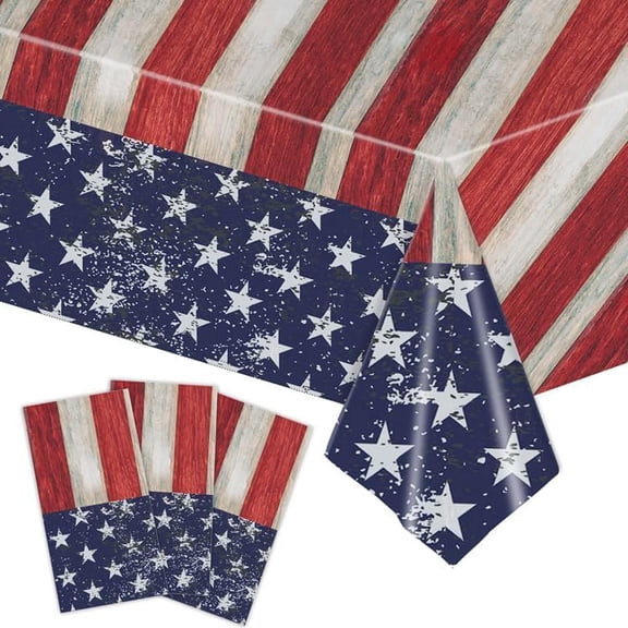 Patriotic Plastic Tablecloth Set, 3 Pack, 108 x 54 Inch Rectangular Table Covers, American Flag Star Checker Design, Red White Blue, For 4th Of July Parties