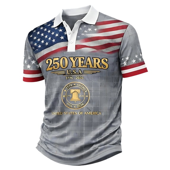 Patriotic Polo Shirts for Men's 250th Anniversary 4th of July Graphic Shirt Fashion Trend Classic Loose Plus Size Casual Shirt Grey 2XL