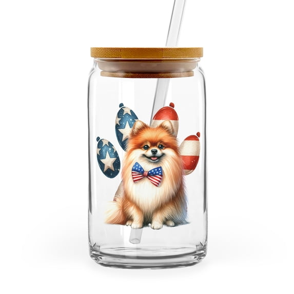 Patriotic Pomeranian 4th of July Independence Paws 16oz Glass Cup Mug Pom Dog Lover Gifts Glass Can with Bamboo Lid and Straw - 02010