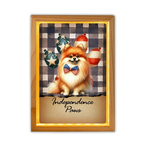 Patriotic Pomeranian 4th of July Independence Paws Acrylic Plaque with Wood Photo Frame Box Pom Dog Lover Gifts Light Box - 02010