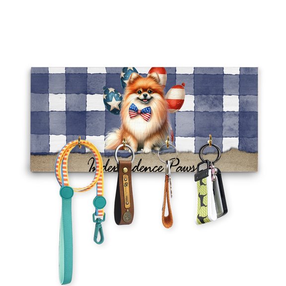 Patriotic Pomeranian 4th of July Independence Paws Wood Key Holder Pom Dog Lover Gifts Wall-mounted Key Rack Home Decor - 02010