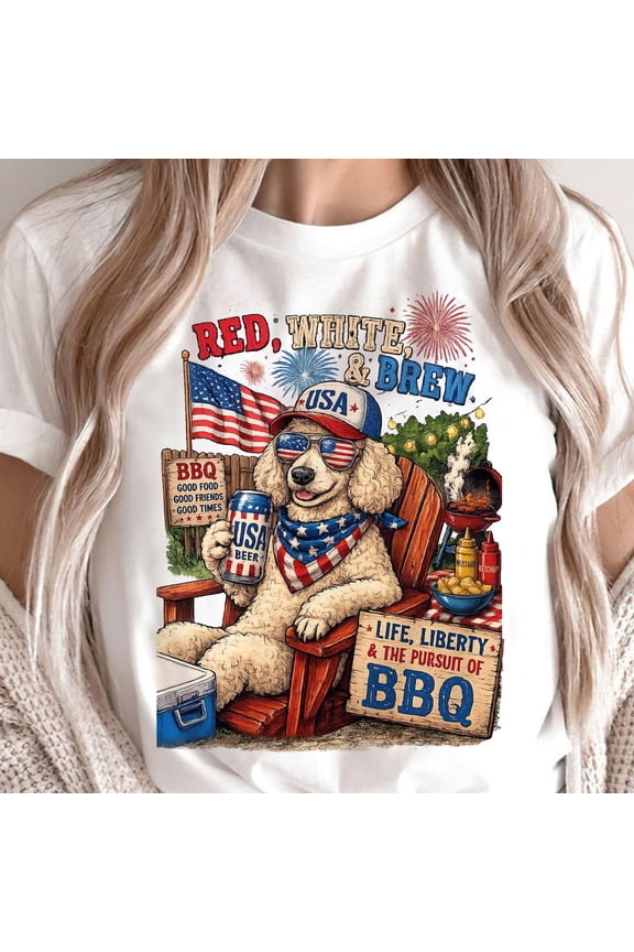 Patriotic Poodle BBQ Shirt, Red White Brew Graphic Tee, USA Dog Lover T-Shirt