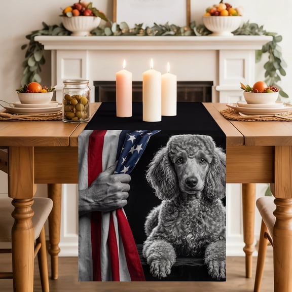 Patriotic Poodle Dining Table Runner, American Flag Independence Day Washable Table Runners Kitchen Coffee Table Center Decor for Home Party Holiday Wedding 13 x 90 Inches